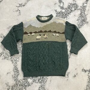 Avoca Collection Ireland Wool Sheep Sweater Green Cable Knit Size Large